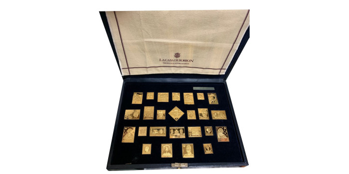 SPAIN COLLECTION 25 GOLD PLATED SILVER STAMPS 22 K "LA CASA DE BORBON" (THE HOUSE OF BOURBON)
