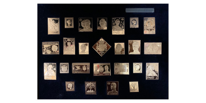 SPAIN COLLECTION 25 GOLD PLATED SILVER STAMPS 22 K "LA CASA DE BORBON" (THE HOUSE OF BOURBON)