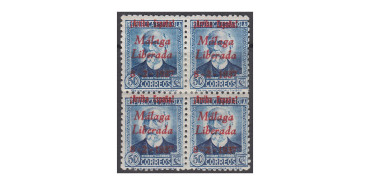MALAGA - Nº 21* block of 4 with 1 smaller Ñ stamp and the overprint slightly displaced