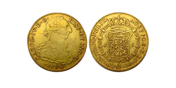 CHARLES IV 8 Coats of Arms 1790 New Kingdom J.J. VARIANT DOT - Gold