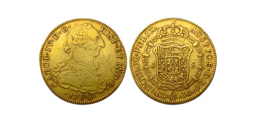 Cy13619.- CARLOS IV  8 Escudos 1790 Nuevo Reino J.J. VARIANTE PUNTO - Oro