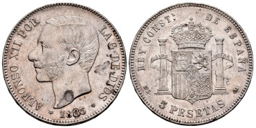 Cy16595F.- ALFONSO XII - 5 Pesetas 1885/87 MSM. EBC-