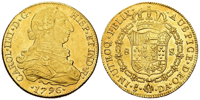 Cy13675.- CARLOS IV  8 Escudos 1796 Santiago D.A. -NGC MS61