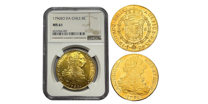 Cy13675.- CARLOS IV  8 Escudos 1796 Santiago D.A. -NGC MS61