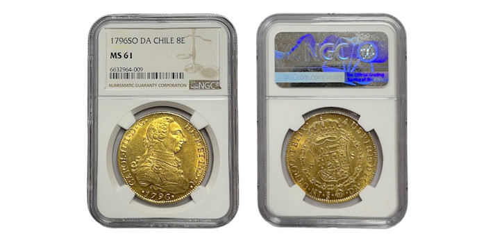 Cy13675.- CARLOS IV  8 Escudos 1796 Santiago D.A. -NGC MS61