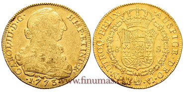 Cy12053.- CARLOS III  8 Escudos 1773 Nuevo Reino V.J.- Oro