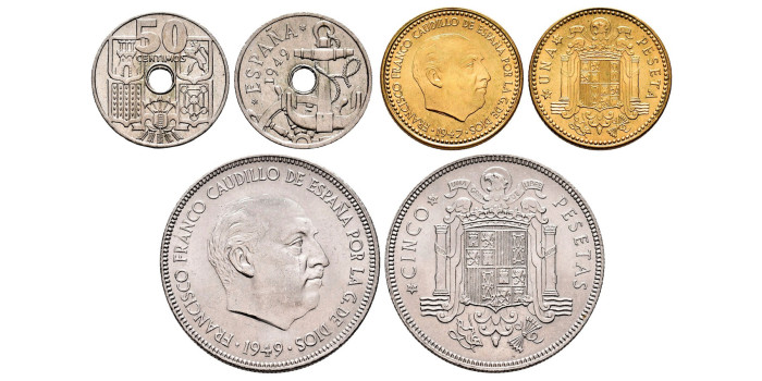 SF001 SERIE E-51.- 50 céntimos, 1 y 5 pesetas 1949*51
