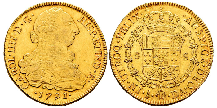 Cy13638.- CARLOS IV  8 Escudos 1791 Santiago D.A. -EBC