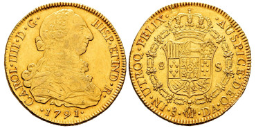 Cy13638.- CARLOS IV  8 Escudos 1791 Santiago D.A. -EBC
