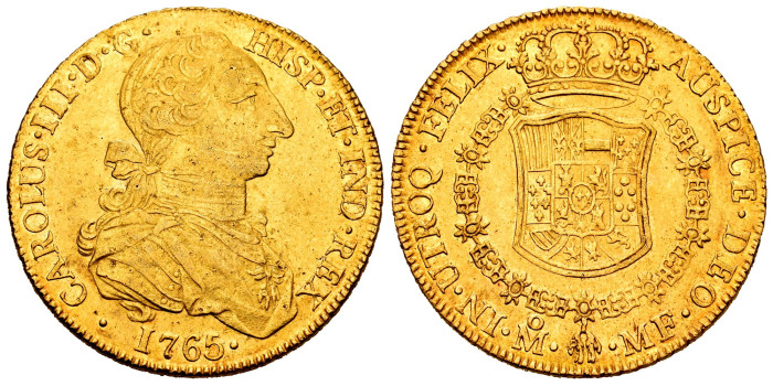 Cy11972.- CARLOS III - 8 Escudos 1765 MEXICO M.F. "CARA RATA" (RAT FACE)