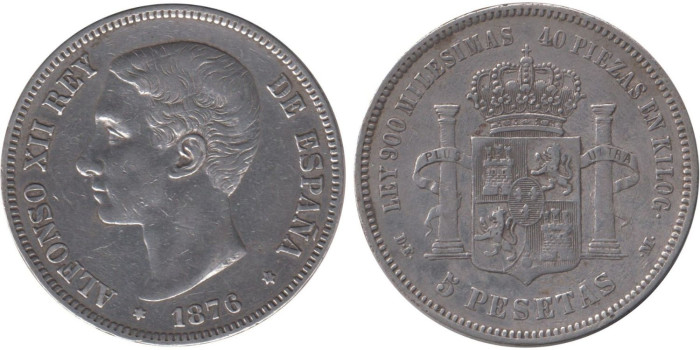 Cy16581E.-ALFONSO XII - 5 Pesetas 1876 MBC