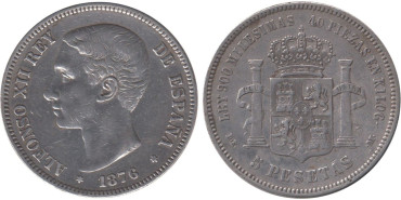 Cy16581E.-ALFONSO XII - 5 Pesetas 1876 MBC