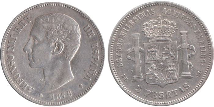 Cy16581F.-ALFONSO XII - 5 Pesetas 1876 MBC+