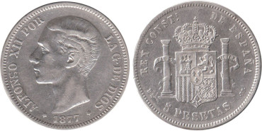 Cy16582D.-ALFONSO XII - 5 Pesetas 1877 MBC-