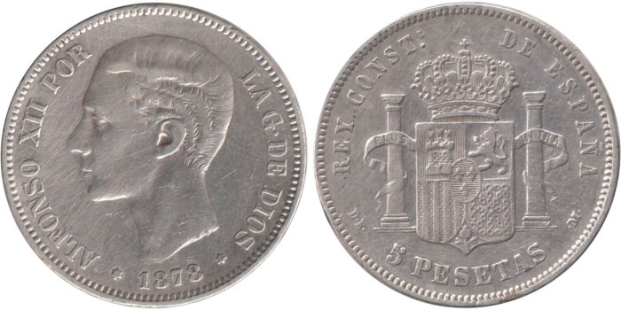 Cy16583F.-ALFONSO XII - 5 Pesetas 1878 DEM, MBC+