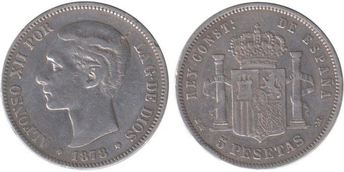 Cy16585C.-ALFONSO XII - 5 Pesetas 1878 EMM, BC