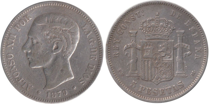 Cy16586C.-ALFONSO XII - 5 Pesetas 1879 EMM, BC