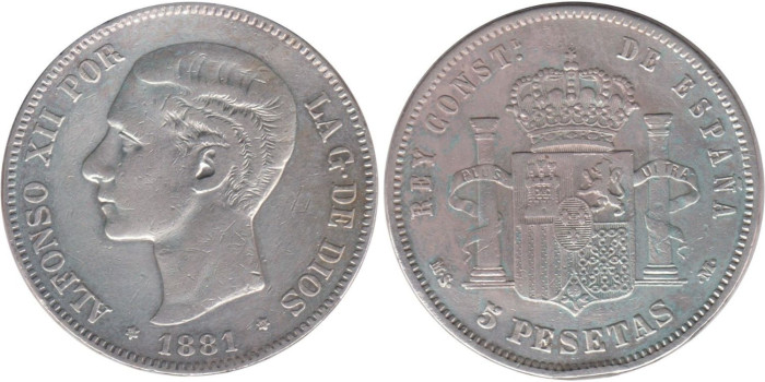 Cy16587D.- ALFONSO XII - 5 Pesetas 1881 MSM, BC/mbc-