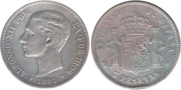 Cy16587C.- ALFONSO XII - 5 Pesetas 1881 MSM, BC