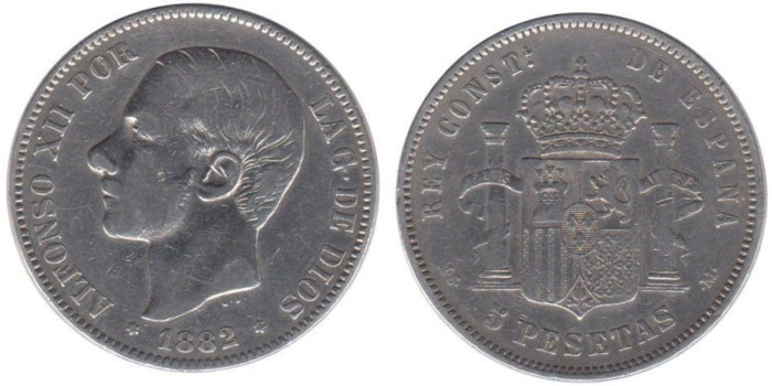 Cy16589C.-ALFONSO XII -  5 Pesetas 1882 MSM, BC+