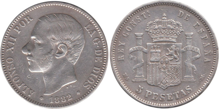 Cy16589E.-ALFONSO XII - 5 Pesetas 1882 MSM, MBC