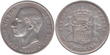 Cy16589E.-ALFONSO XII - 5 Pesetas 1882 MSM, MBC