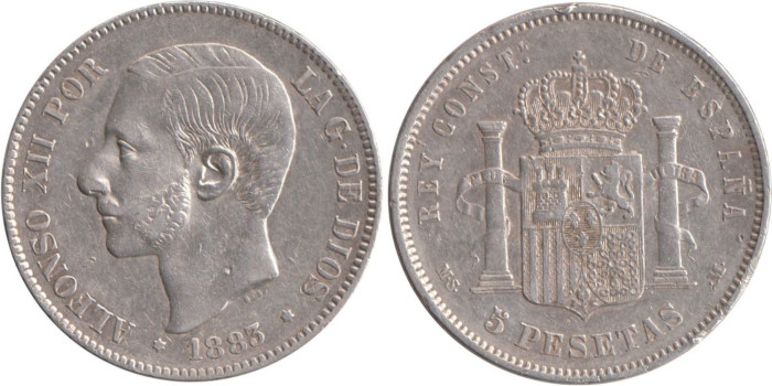 Cy16590E.-ALFONSO XII - 5 Pesetas 1883 MSM, MBC