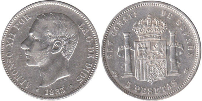 Cy16590F.-ALFONSO XII - 5 Pesetas 1883 MSM, MBC+