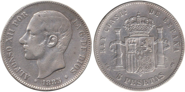 Cy16595D.-ALFONSO XII - 5 Pesetas 1885/87 MSM, MBC-
