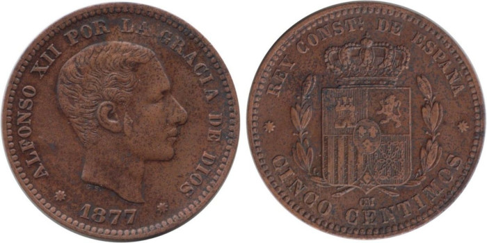 Cy16555G .-ALFONSO XII -  5 Céntimos 1877 EBC-