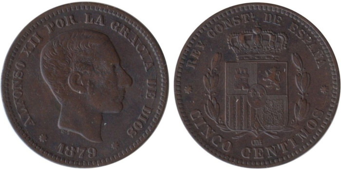 Cy16557H.-ALFONSO XII - 5 CTMS. 1879 BARCELONA OM, EBC-