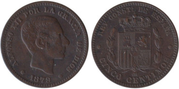 Cy16557H.-ALFONSO XII - 5 CTMS. 1879 BARCELONA OM, EBC-