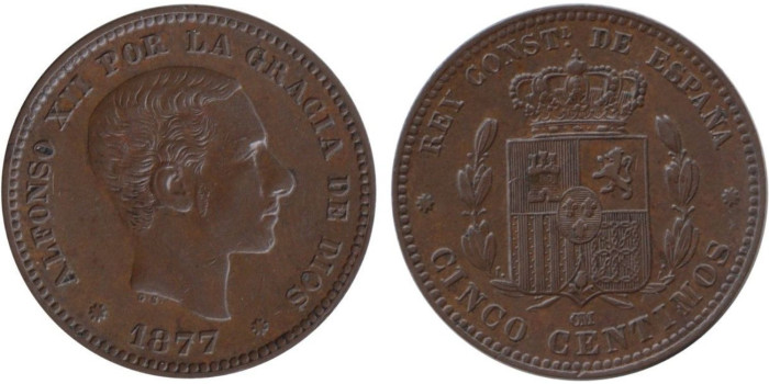 Cy16555I.-ALFONSO XII - 5 CTMS. 1877 BARCELONA OM, EBC+