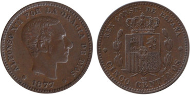 Cy16555I.-ALFONSO XII - 5 CTMS. 1877 BARCELONA OM, EBC+
