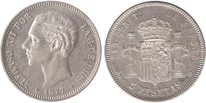 Cy16582H.-ALFONSO XII - 5 Pesetas 1877 (18-77) EBC