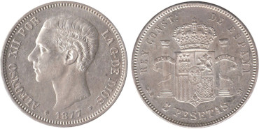 Cy16582H.-ALFONSO XII - 5 Pesetas 1877 (18-77) EBC