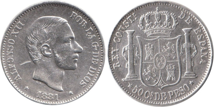 Cy16631K.-ALFONSO XII - 50 Centavos 1881 Manila SC plata