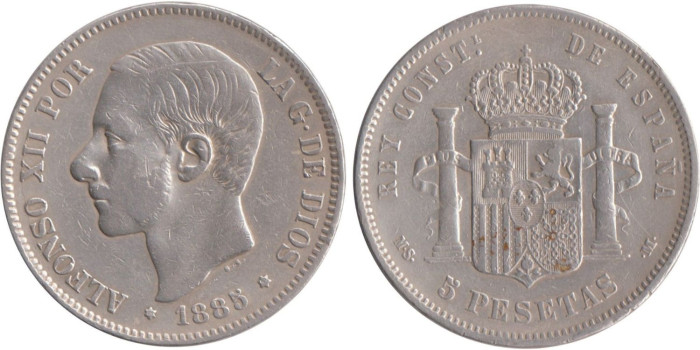 Cy16593D.-ALFONSO XII -5 Pesetas 1885/85 MSM,(18-85) MBC-