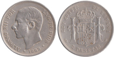 Cy16593D.-ALFONSO XII -5 Pesetas 1885/85 MSM,(18-85) MBC-