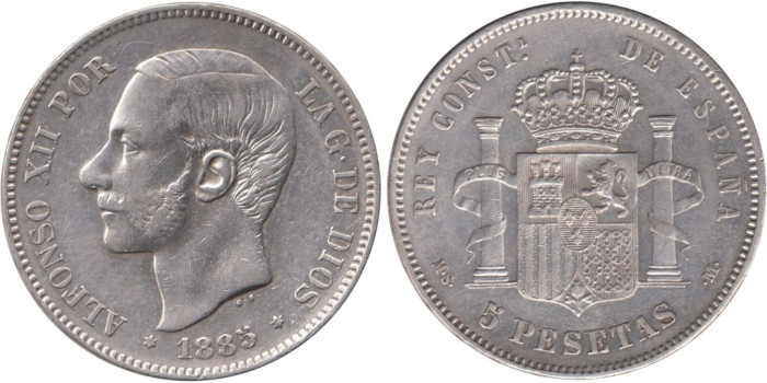 Cy16595G.-ALFONSO XII - 5 Pesetas 1885/87 MSM, EBC-