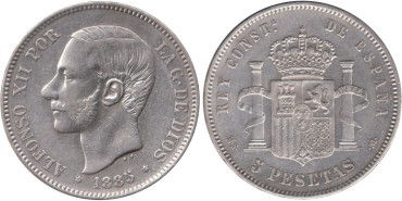 Cy16595G.-ALFONSO XII - 5 Pesetas 1885/87 MSM, EBC-