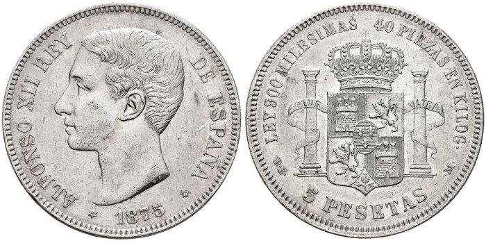 Cy16580G.- ALFONSO XII - 5 Pesetas 1875 (18-75) EBC-