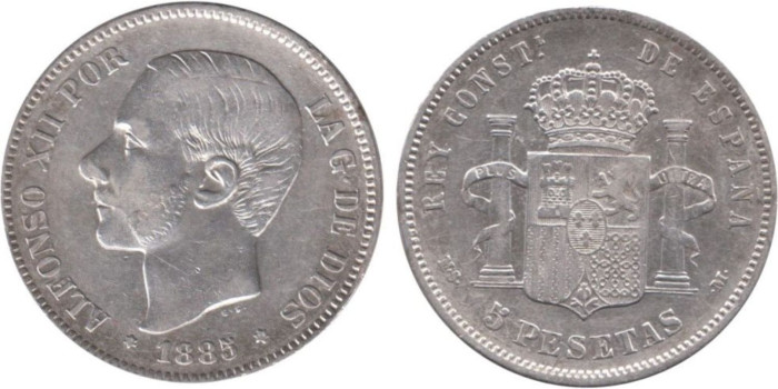 Cy16594E.-ALFONSO XII - 5 Pesetas 1885 MSM (18-86) MBC  plata
