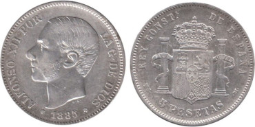 Cy16594E.-ALFONSO XII - 5 Pesetas 1885 MSM (18-86) MBC  plata