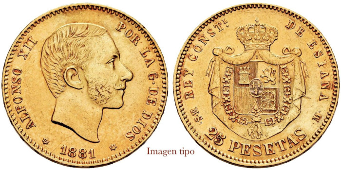 Cy16609.- ALFONSO XII - 25 Pesetas oro 1881 (18-81) MSM, SC-