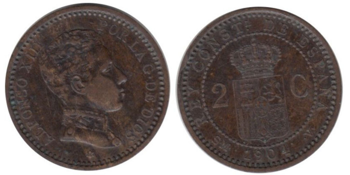 Cy16651F.-ALFONSO XIII - 2 Céntimos 1904 variante 0/ SMV, MBC+