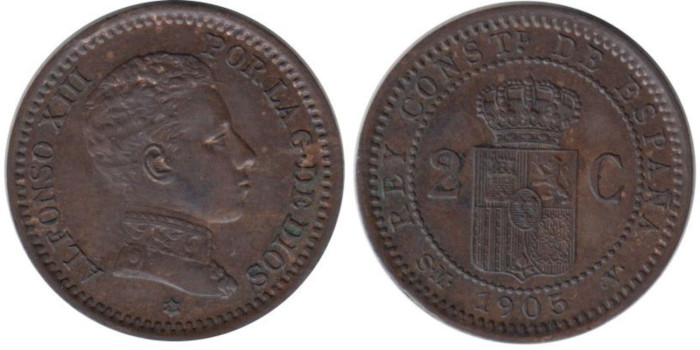 Cy16652K.-ALFONSO XIII - 2 Céntimos 1905 SMV, SC