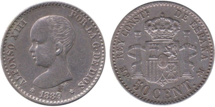 Cy16657E.-ALFONSO XIII - 50 Céntimos 1889 MPM, MBC