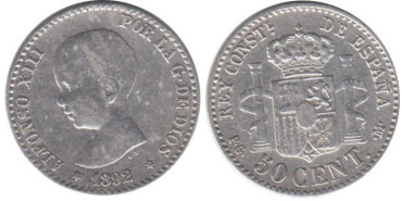 Cy16659E.-ALFONSO XIII -50 Céntimos 1892 PGM, MBC