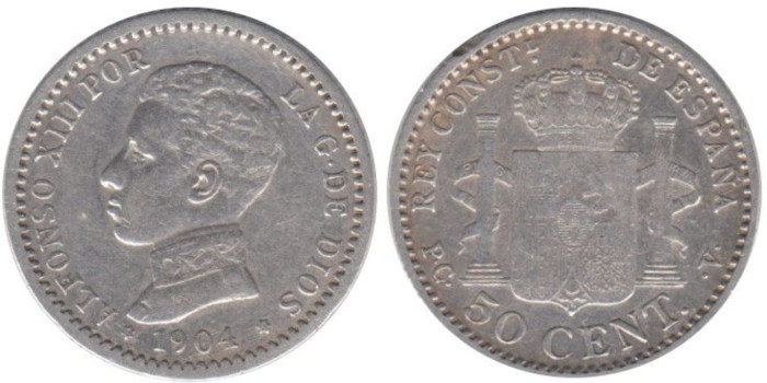 Cy16668E.-ALFONSO XIII - 50 Céntimos 1904/10 PCV, MBC